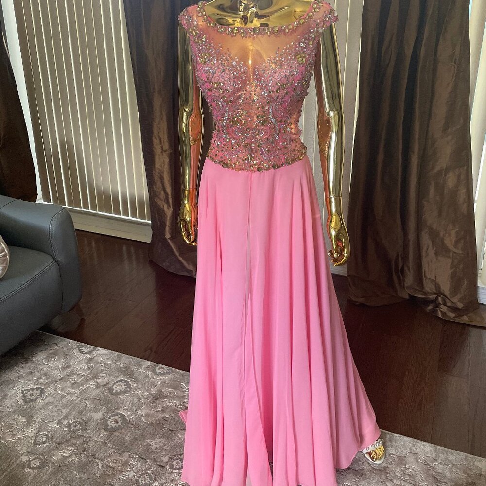 Size 6 Pink Beaded Chiffon Gown A-Line Formal Dress Cap Sleeves Prom Wedding